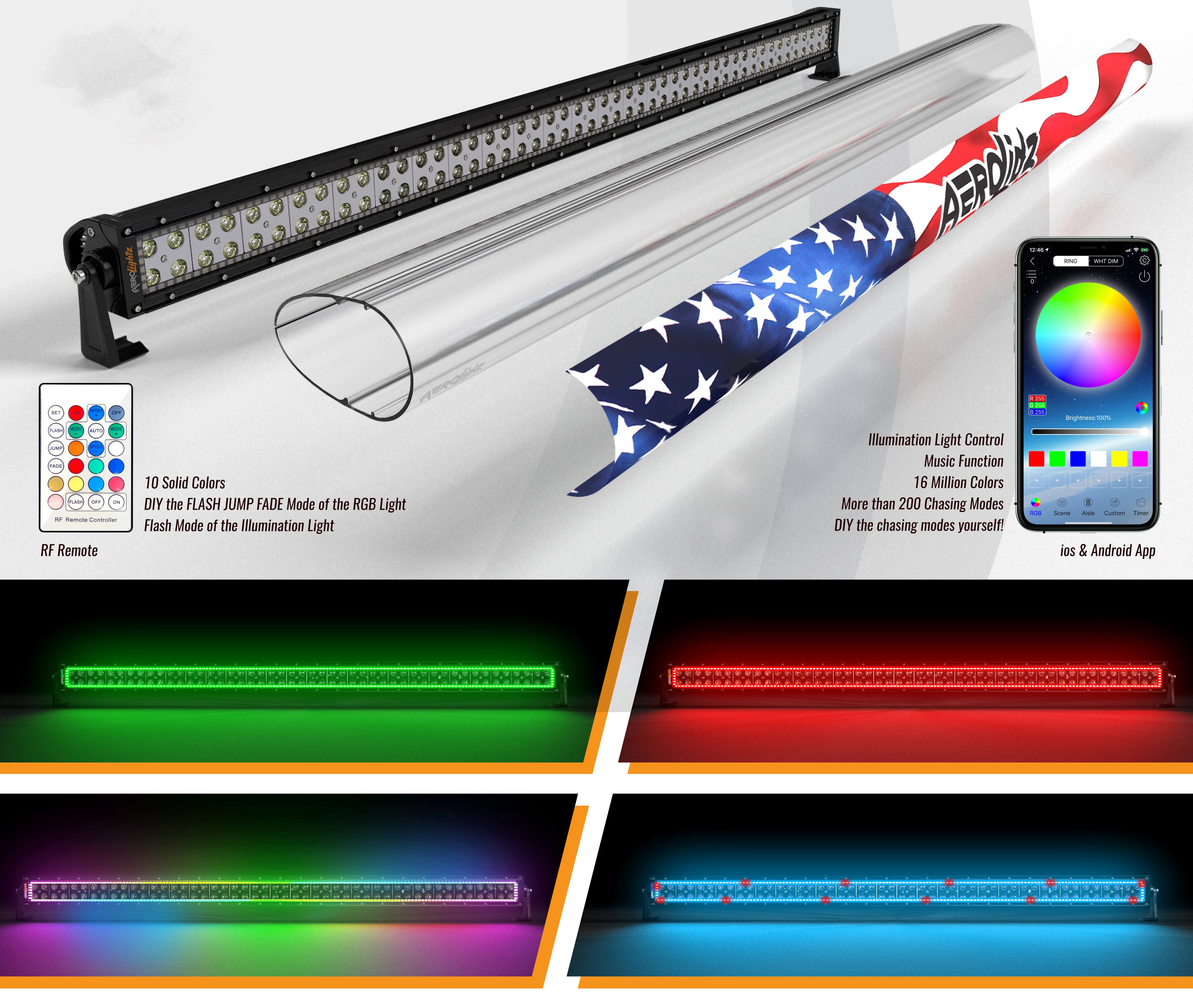 Aerolidz 52" RGB Chasing LED Light Bar, Cover, & Insert Combo | Quadratec