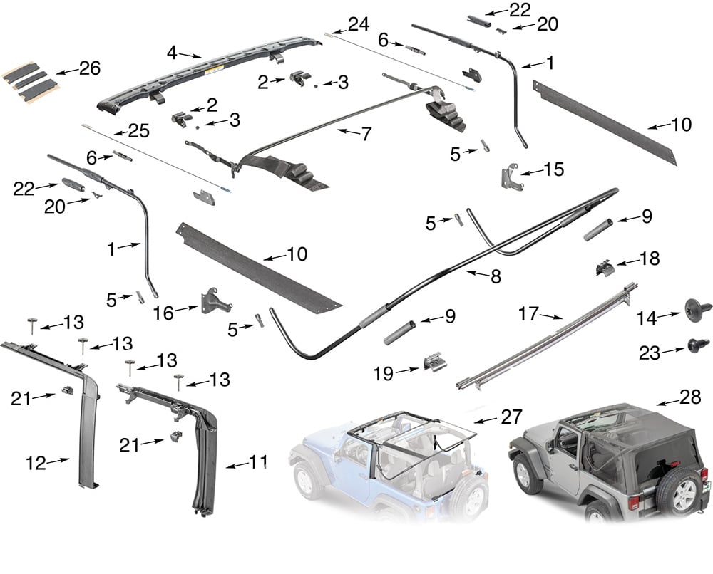Jeep Wrangler JK Soft Top Hardware Parts 2 Door | Quadratec