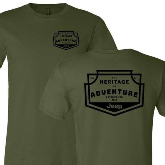 Jeep Merchandise Mens Heritage of Adventure Badge Short Sleeve T-Shirt in  Olive Green | Quadratec